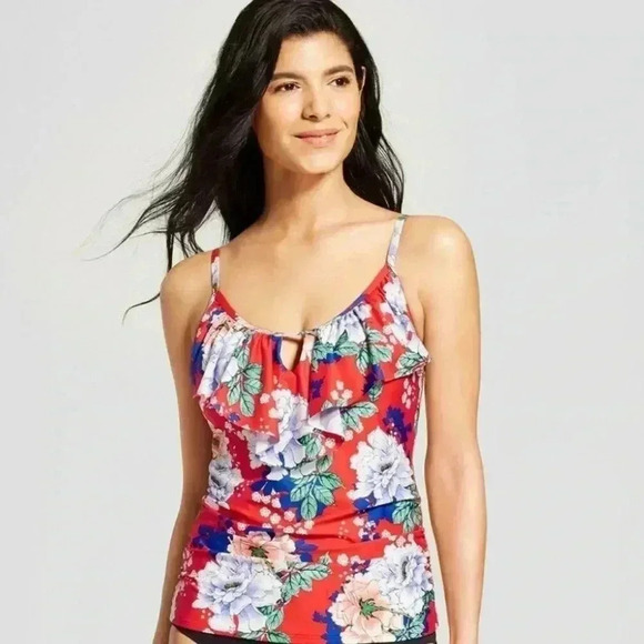 CLEANWATER Red Floral Ruffle Keyhole Tankini Swim Top - SZ Womens Medium - NWT - Picture 1 of 7